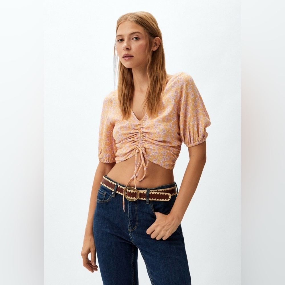 H&M Ruched Floral Puff-Sleeve Top – Size L - Picture 5 of 15